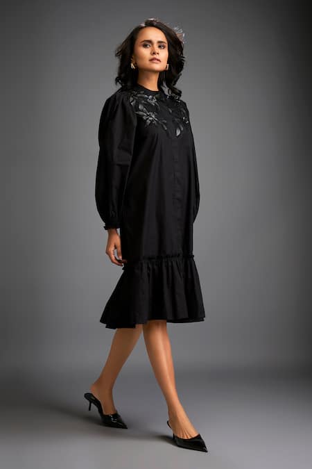 Buy_Deepika Arora_Black Cotton Sequins Collared Floral Embroidered Tiered Dress _Online_at_Aza_Fashions