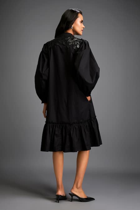 Deepika Arora_Black Cotton Sequins Collared Floral Embroidered Tiered Dress _at_Aza_Fashions