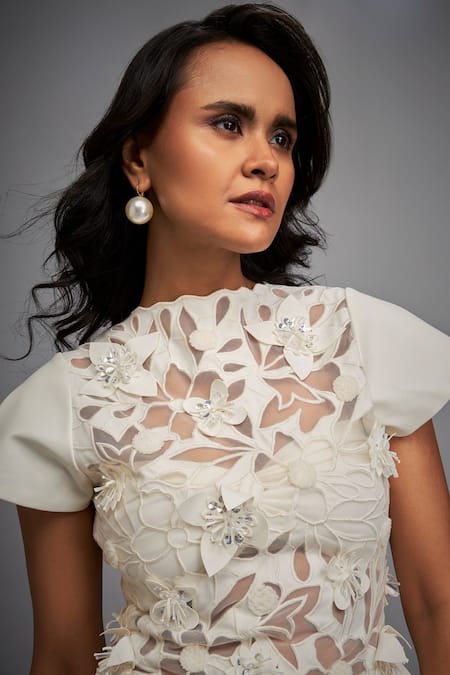 Buy_Deepika Arora_White Vegan Leather Floral Closed Applique Cutwork Mini Dress _Online_at_Aza_Fashions