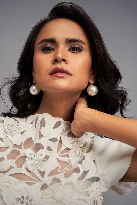 Deepika Arora_White Vegan Leather Floral Closed Applique Cutwork Mini Dress _at_Aza_Fashions