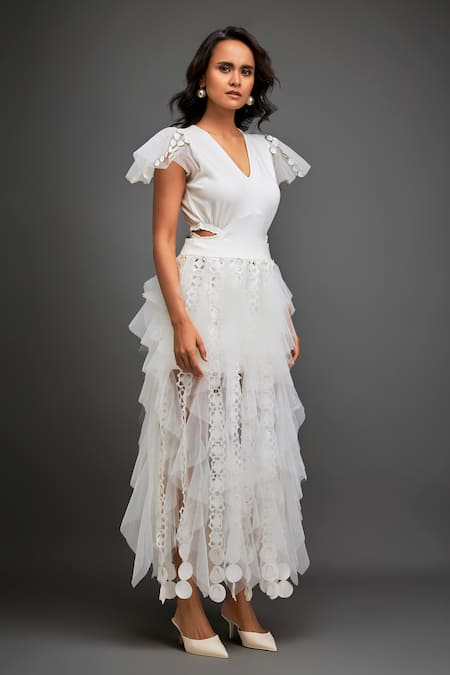 Buy Deepika Arora White Net Cut Work, Ruffles V-neck Cutwork Top And Layered Skirt Set Online at Aza Fashions Buy_Deepika Arora_White Net Cut Work, Ruffles V-neck Cutwork Top And Layered Skirt Set _Online_at_Aza_Fashions