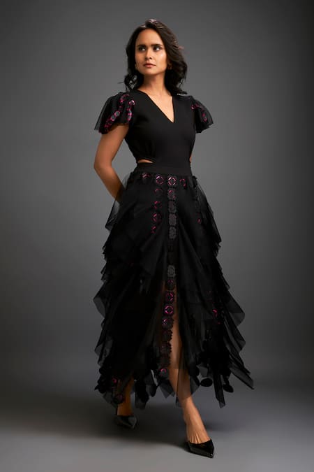 Shop_Deepika Arora_Black Net Cut Work Layered Ruffled Skirt _Online_at_Aza_Fashions