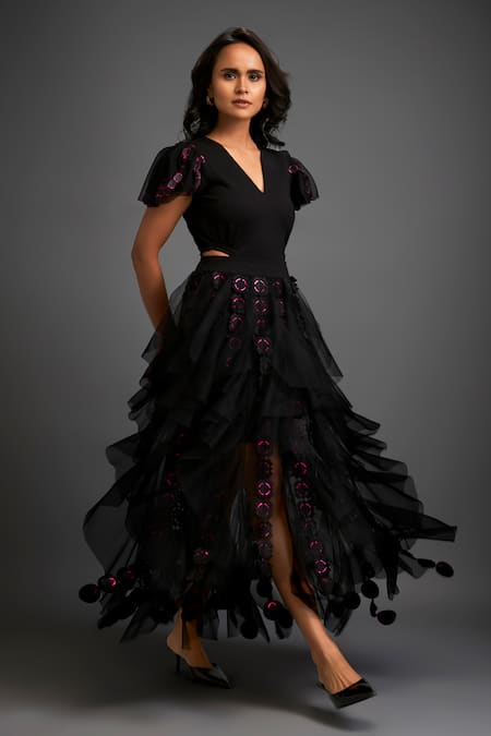 Deepika Arora_Black Net Cut Work Layered Ruffled Skirt _at_Aza_Fashions