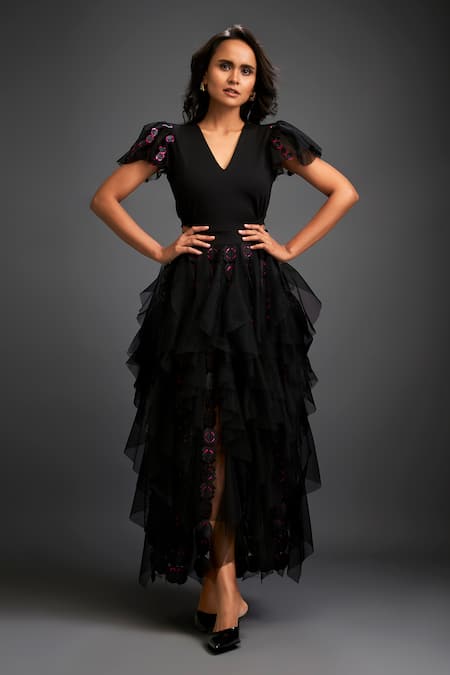 Deepika Arora Black Cutwork Layered Ruffled Skirt 
