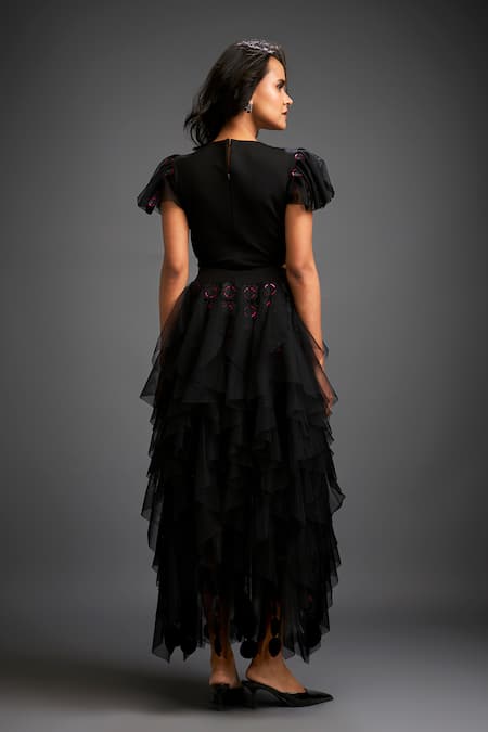 Deepika Arora Black Cutwork Layered Ruffled Skirt 