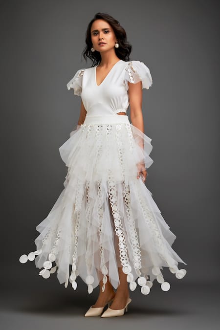 Deepika Arora White Net Cutwork Layered Ruffled Skirt 