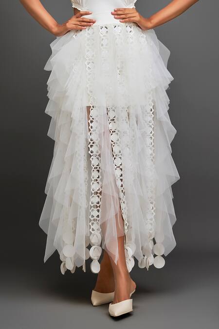 Deepika Arora White Net Cutwork Layered Ruffled Skirt Online at Aza Fashions Deepika Arora_White Net Cutwork Layered Ruffled Skirt _Online_at_Aza_Fashions