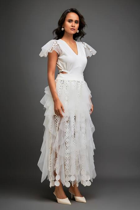Shop Deepika Arora White Net Cutwork Layered Ruffled Skirt Online at Aza Fashions Shop_Deepika Arora_White Net Cutwork Layered Ruffled Skirt _Online_at_Aza_Fashions