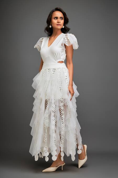 Deepika Arora White Net Cutwork Layered Ruffled Skirt at Aza Fashions Deepika Arora_White Net Cutwork Layered Ruffled Skirt _at_Aza_Fashions