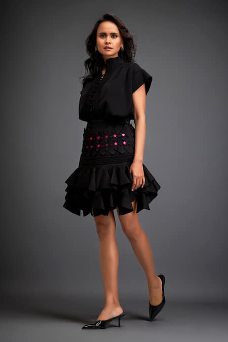 Shop Deepika Arora Black Crepe Mandarin Collar Flared Pintuck Top And Cutwork Ruffled Skirt Online at Aza Fashions Shop_Deepika Arora_Black Crepe Mandarin Collar Flared Pintuck Top And Cutwork Ruffled Skirt _Online_at_Aza_Fashions