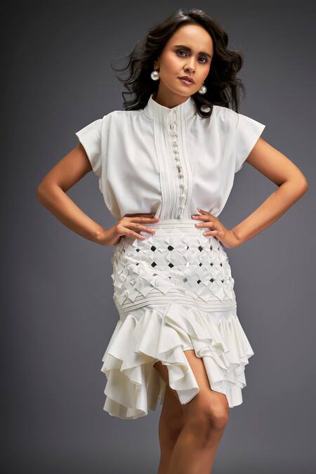 Deepika Arora White Crepe Cut Work, Ruffles Mandarin Collar Pintuck And Cutwork Skirt Set Online at Aza Fashions Deepika Arora_White Crepe Cut Work, Ruffles Mandarin Collar Pintuck And Cutwork Skirt Set _Online_at_Aza_Fashions