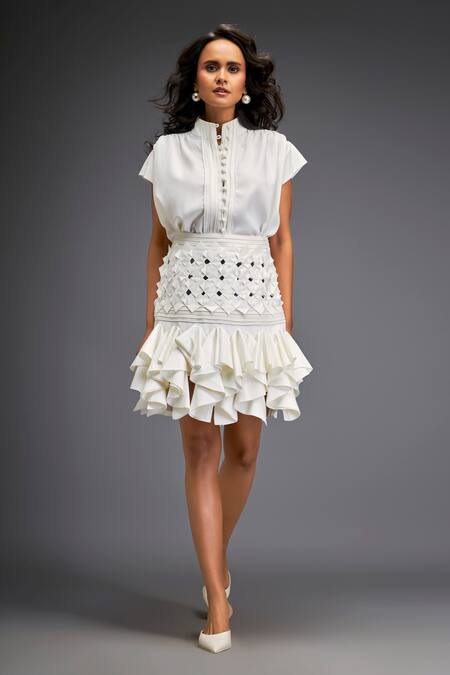 Shop Deepika Arora White Crepe Cut Work, Ruffles Mandarin Collar Pintuck And Cutwork Skirt Set Online at Aza Fashions Shop_Deepika Arora_White Crepe Cut Work, Ruffles Mandarin Collar Pintuck And Cutwork Skirt Set _Online_at_Aza_Fashions