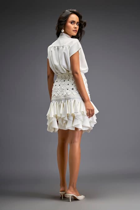 Shop Deepika Arora White Crepe Cut Work, Ruffles Mandarin Collar Pintuck And Cutwork Skirt Set at Aza Fashions Shop_Deepika Arora_White Crepe Cut Work, Ruffles Mandarin Collar Pintuck And Cutwork Skirt Set _at_Aza_Fashions