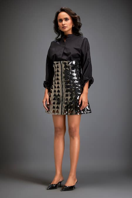 Deepika Arora_Black Cotton Cut Work Mandarin Collar Shirt And Skirt Set _at_Aza_Fashions