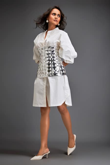 Buy_Deepika Arora_Silver Cotton Cut Work Mandarin Collar White Shirt Dress With Corset Belt _Online_at_Aza_Fashions