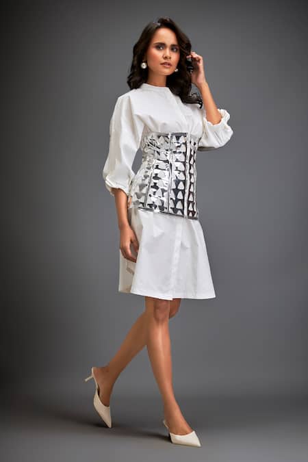 Shop_Deepika Arora_Silver Cotton Cut Work Mandarin Collar White Shirt Dress With Corset Belt _Online_at_Aza_Fashions