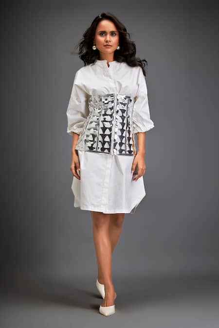 Deepika Arora_Silver Cotton Cut Work Mandarin Collar White Shirt Dress With Corset Belt _at_Aza_Fashions