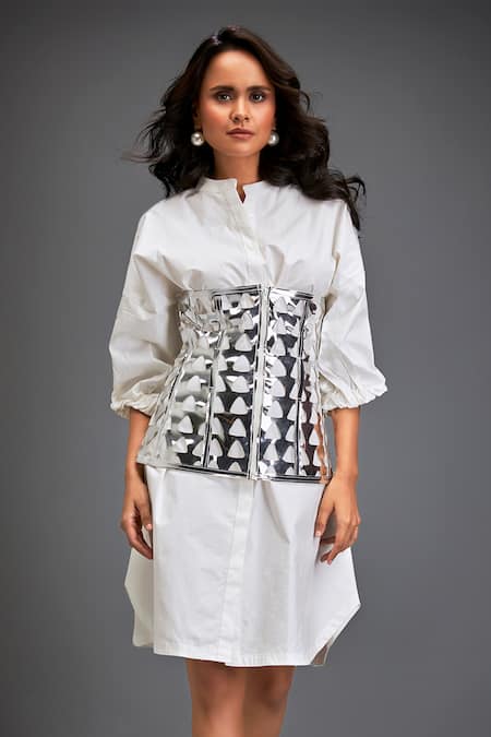 Buy_Deepika Arora_Silver Cotton Cut Work Mandarin Collar White Shirt Dress With Corset Belt 