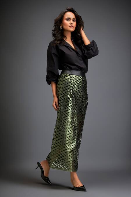 Shop_Deepika Arora_Black 100% Cotton Cutwork Round Skirt _Online_at_Aza_Fashions
