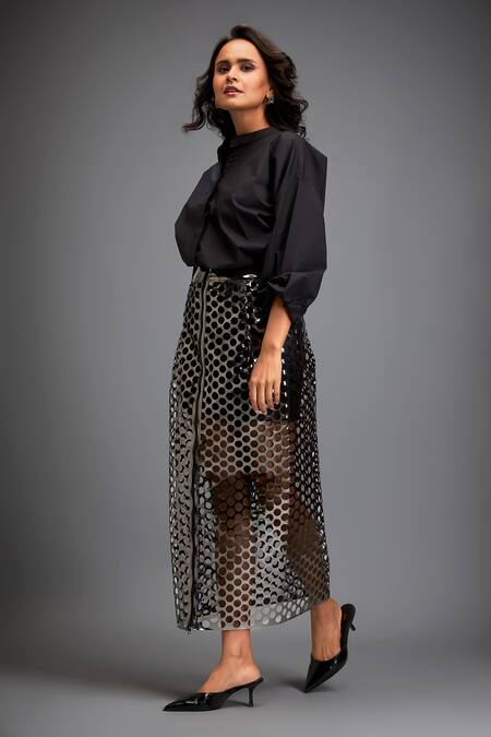 Deepika Arora Black Cotton Cut Work Gunmetal Skirt Online at Aza Fashions Deepika Arora_Black Cotton Cut Work Gunmetal Skirt _Online_at_Aza_Fashions