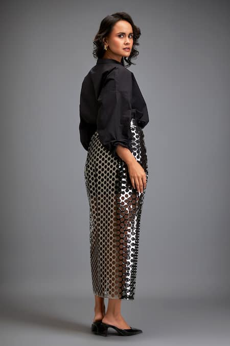 Shop Deepika Arora Black Cotton Cut Work Gunmetal Skirt at Aza Fashions Shop_Deepika Arora_Black Cotton Cut Work Gunmetal Skirt _at_Aza_Fashions