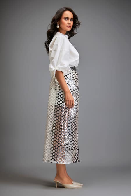 Deepika Arora_Silver Cotton Cut Work Metallic Skirt _Online_at_Aza_Fashions