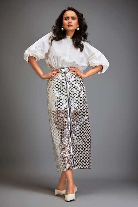 Deepika Arora Silver Cutwork Metallic Skirt 