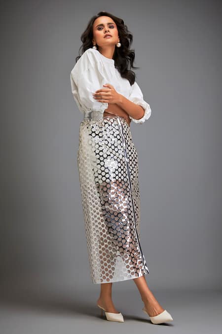 Buy_Deepika Arora_Silver Cotton Cut Work Metallic Skirt _Online_at_Aza_Fashions