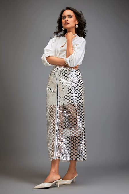 Shop_Deepika Arora_Silver Cotton Cut Work Metallic Skirt _Online_at_Aza_Fashions