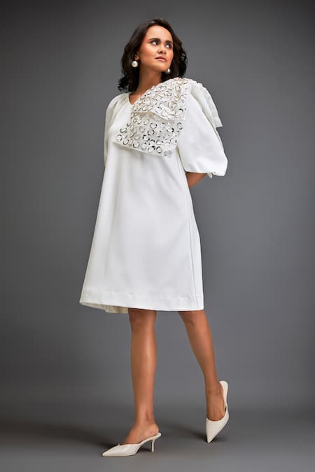 Shop_Deepika Arora_White Polyester Round Neck 3d Work Embellished Dress _Online_at_Aza_Fashions
