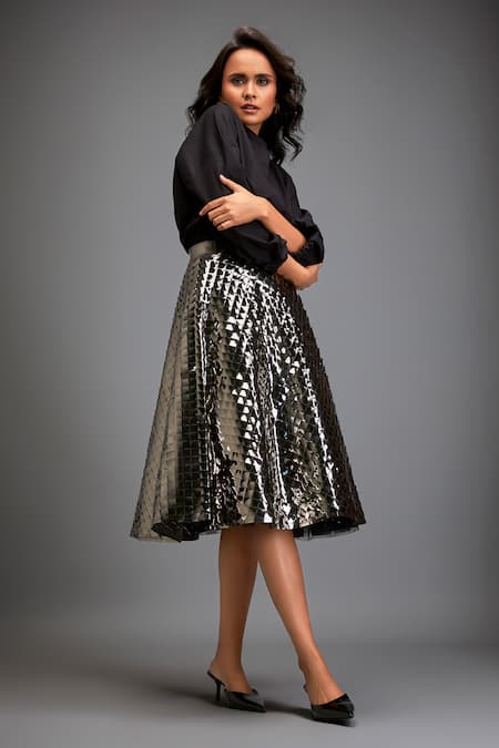 Deepika Arora_Black Velvet 3d Textured A-line Skirt _Online_at_Aza_Fashions