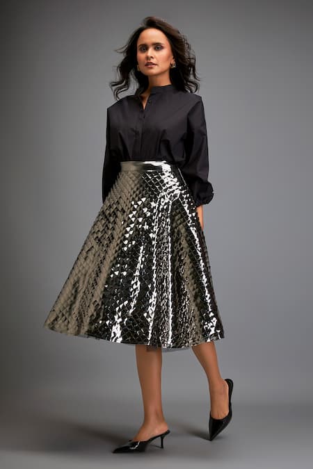 Shop_Deepika Arora_Black Velvet 3d Textured A-line Skirt _Online_at_Aza_Fashions