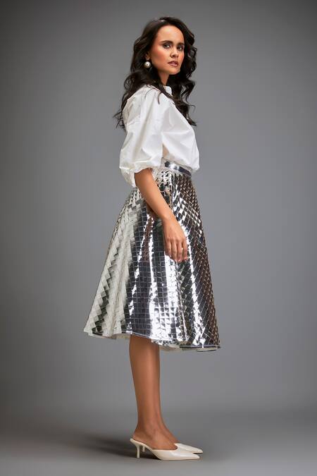 Deepika Arora Silver Vegan Leather Textured, 3d Work Checkered A-line Skirt Online at Aza Fashions Deepika Arora_Silver Vegan Leather Textured, 3d Work Checkered A-line Skirt _Online_at_Aza_Fashions