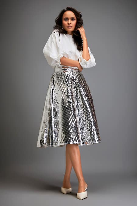 Buy Deepika Arora Silver Vegan Leather Textured, 3d Work Checkered A-line Skirt Online at Aza Fashions Buy_Deepika Arora_Silver Vegan Leather Textured, 3d Work Checkered A-line Skirt _Online_at_Aza_Fashions