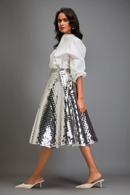 Shop Deepika Arora Silver Vegan Leather Textured, 3d Work Checkered A-line Skirt Online at Aza Fashions Shop_Deepika Arora_Silver Vegan Leather Textured, 3d Work Checkered A-line Skirt _Online_at_Aza_Fashions