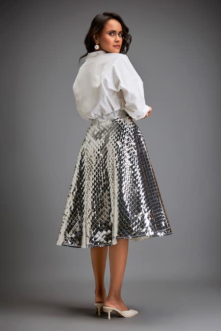 Shop Deepika Arora Silver Vegan Leather Textured, 3d Work Checkered A-line Skirt at Aza Fashions Shop_Deepika Arora_Silver Vegan Leather Textured, 3d Work Checkered A-line Skirt _at_Aza_Fashions