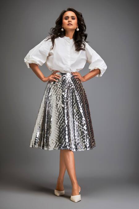 Deepika Arora Silver Vegan Leather 3d Work Checkered A-line Skirt 