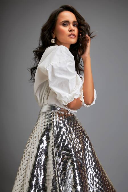 Deepika Arora Silver Vegan Leather Textured, 3d Work Checkered A-line Skirt at Aza Fashions Deepika Arora_Silver Vegan Leather Textured, 3d Work Checkered A-line Skirt _at_Aza_Fashions