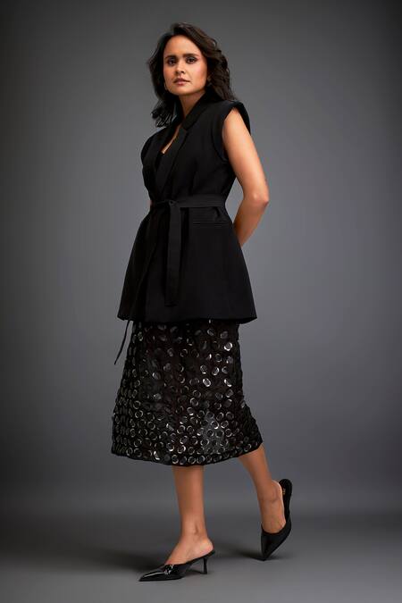 Deepika Arora Black Crepe Sequins Sweetheart Neck 3d Work Blazer And Skirt Set Online at Aza Fashions Deepika Arora_Black Crepe Sequins Sweetheart Neck 3d Work Blazer And Skirt Set _Online_at_Aza_Fashions