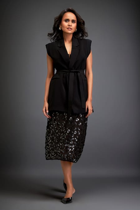 Buy Deepika Arora Black Crepe Sequins Sweetheart Neck 3d Work Blazer And Skirt Set Online at Aza Fashions Buy_Deepika Arora_Black Crepe Sequins Sweetheart Neck 3d Work Blazer And Skirt Set _Online_at_Aza_Fashions