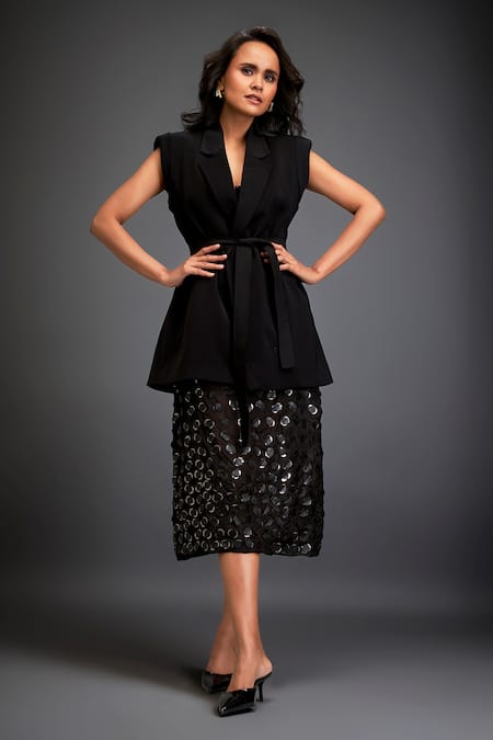 Deepika Arora Black 3D Work Blazer & Skirt Set 