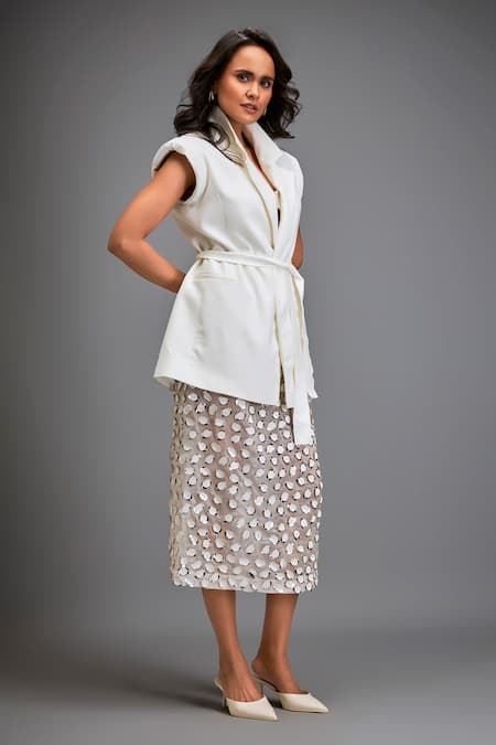 Buy_Deepika Arora_White Crepe Embroidery Sweetheart Neck Designer Blazer And 3d Work Skirt Set _Online_at_Aza_Fashions