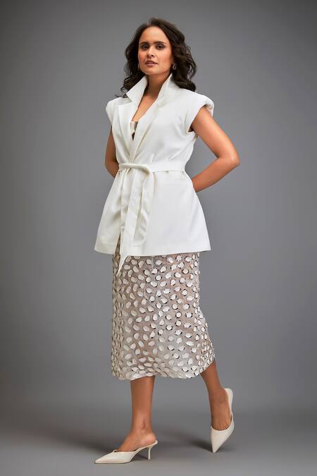 Shop_Deepika Arora_White Crepe Embroidery Sweetheart Neck Designer Blazer And 3d Work Skirt Set _Online_at_Aza_Fashions