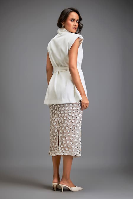 Shop_Deepika Arora_White Crepe Embroidery Sweetheart Neck Designer Blazer And 3d Work Skirt Set _at_Aza_Fashions