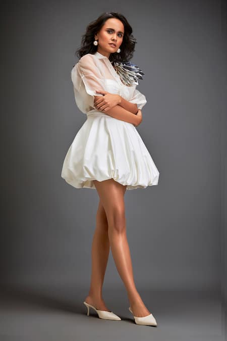 Buy Deepika Arora White Ponte Roma 3d Work Bustier Sweetheart, Shirt Placed Bubble Skirt Set Online at Aza Fashions Buy_Deepika Arora_White Ponte Roma 3d Work Bustier Sweetheart, Shirt Placed Bubble Skirt Set _Online_at_Aza_Fashions