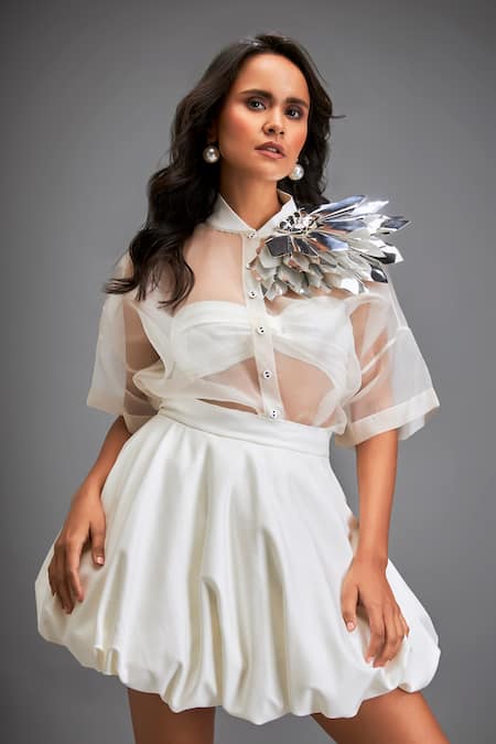 Deepika Arora White Ponte Roma 3d Work Bustier Sweetheart, Shirt Placed Bubble Skirt Set at Aza Fashions Deepika Arora_White Ponte Roma 3d Work Bustier Sweetheart, Shirt Placed Bubble Skirt Set _at_Aza_Fashions