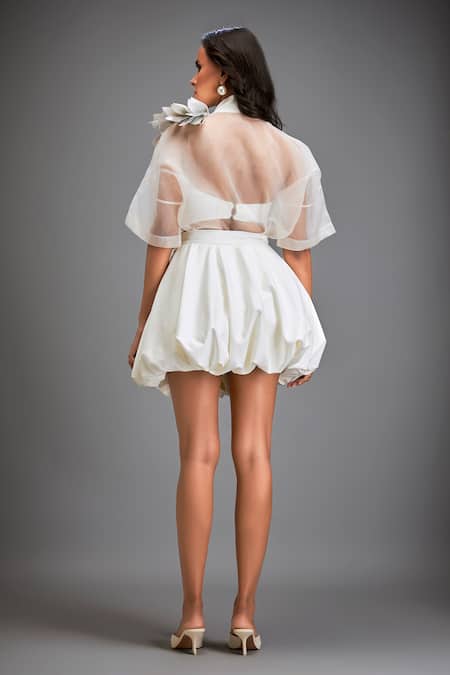 Shop Deepika Arora White Ponte Roma 3d Work Bustier Sweetheart, Shirt Placed Bubble Skirt Set at Aza Fashions Shop_Deepika Arora_White Ponte Roma 3d Work Bustier Sweetheart, Shirt Placed Bubble Skirt Set _at_Aza_Fashions