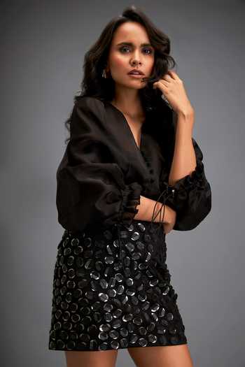 Deepika Arora_Black Polyester V-neck 3d Work Tie-up Sleeve Shirt And Skirt Set _Online_at_Aza_Fashions