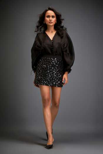 Deepika Arora_Black Polyester V-neck 3d Work Tie-up Sleeve Shirt And Skirt Set _at_Aza_Fashions
