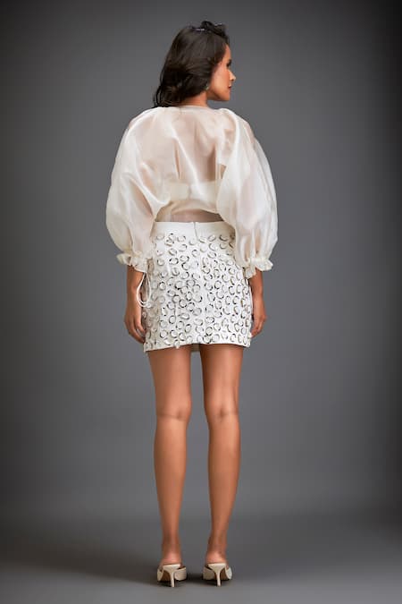 Shop_Deepika Arora_White Polyester Embroidery V-neck, Sweetheart Sheer 3d Work Shirt And Skirt Set _at_Aza_Fashions